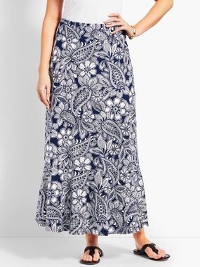 Talbots Women’s Etched Navy & White Paisley Jersey Maxi Skirt Small #VN244